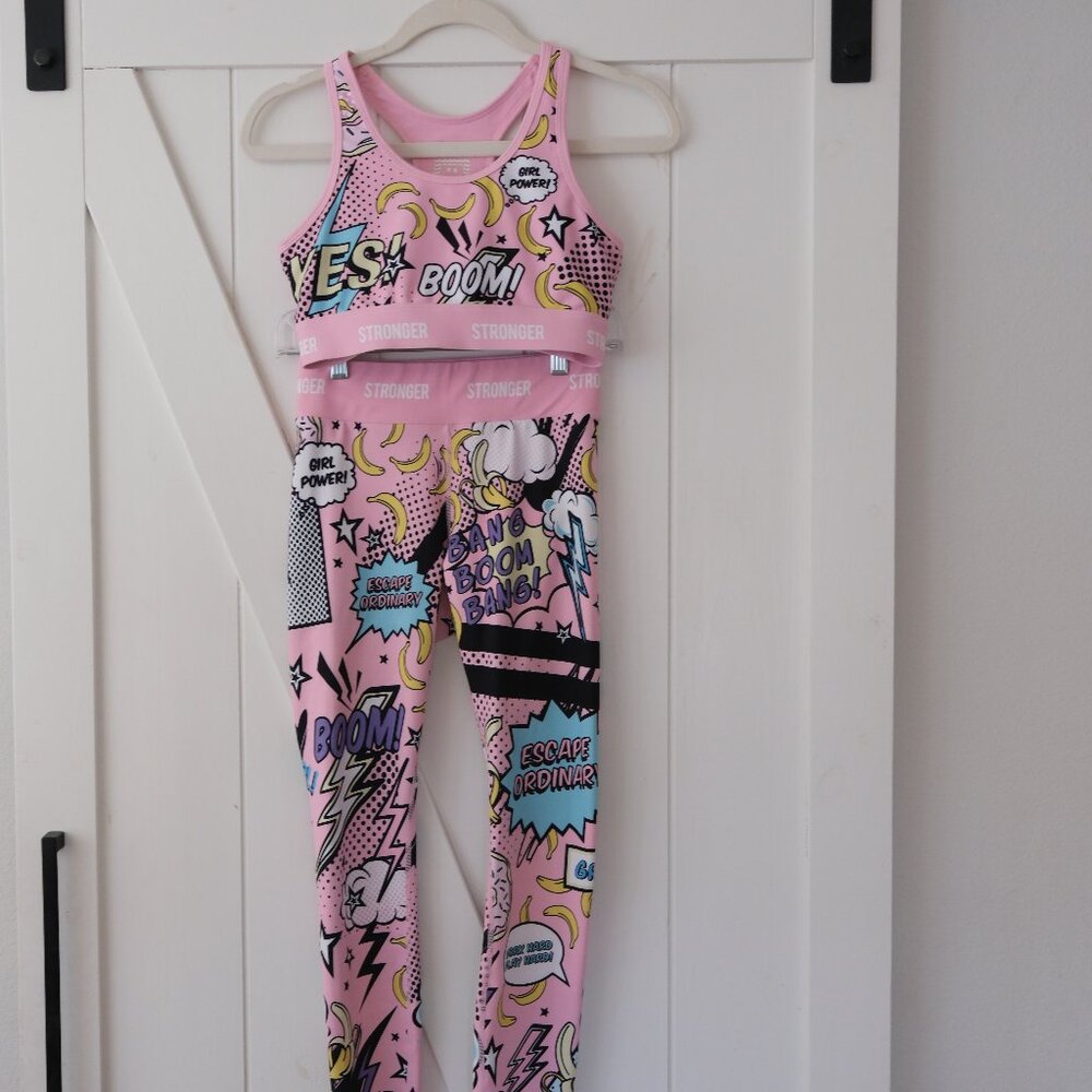 Stronger Pink Comic Book Print Sports bra and leggings Size S/M